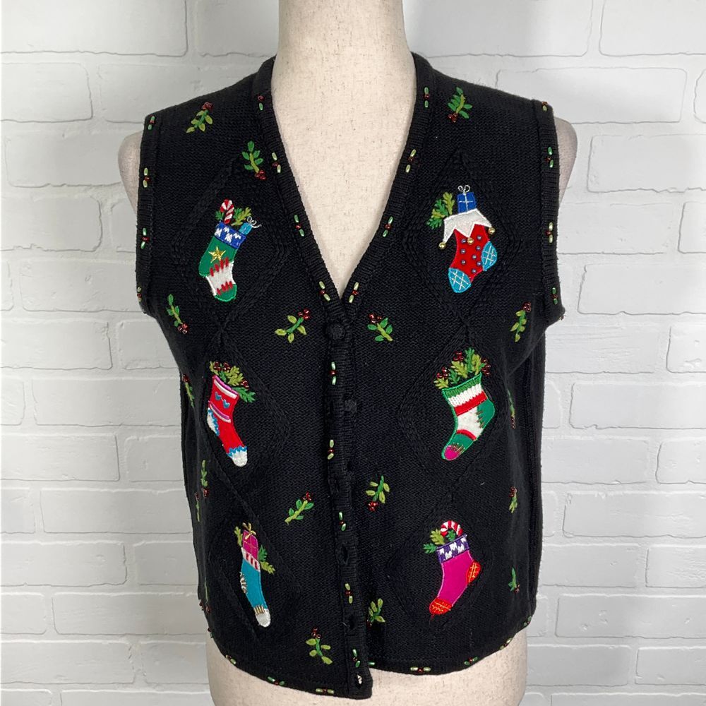 Designer Original Studio Joy Vest Women PM Black Christmas Stocking Holiday Knit